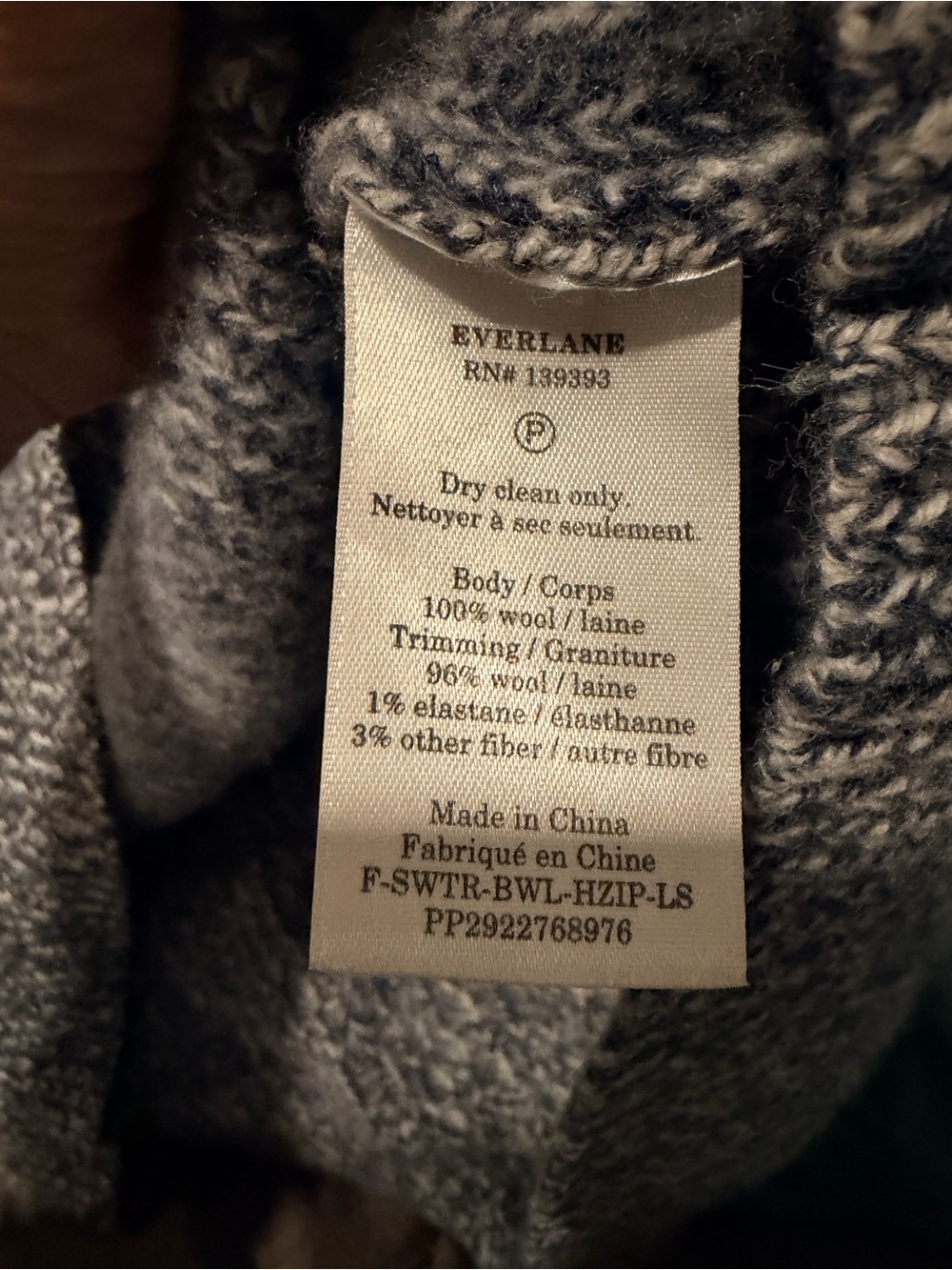 Everlane Heathered Blue-Gray Zip Knit Sweater, 100% wool - Picture 4 of 7